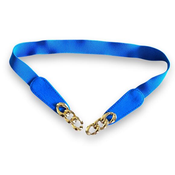 Vntg Gold Chain Buckle Cinch Waist Belt Cobalt Blue Elastic Stretch Narrow Y2k - Picture 9 of 11